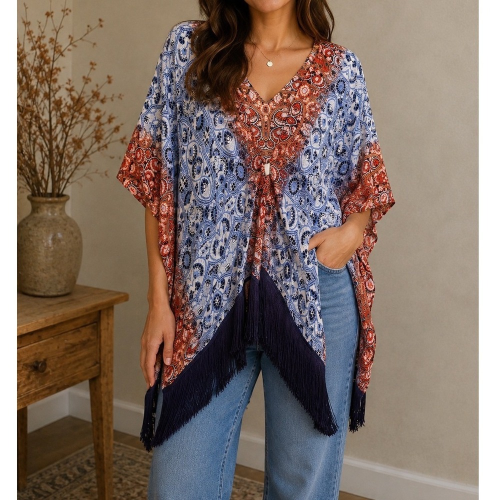 TWO by Vince Camuto Kaftan Women S/M Blue Red Excellent Paisley Fringe Poncho